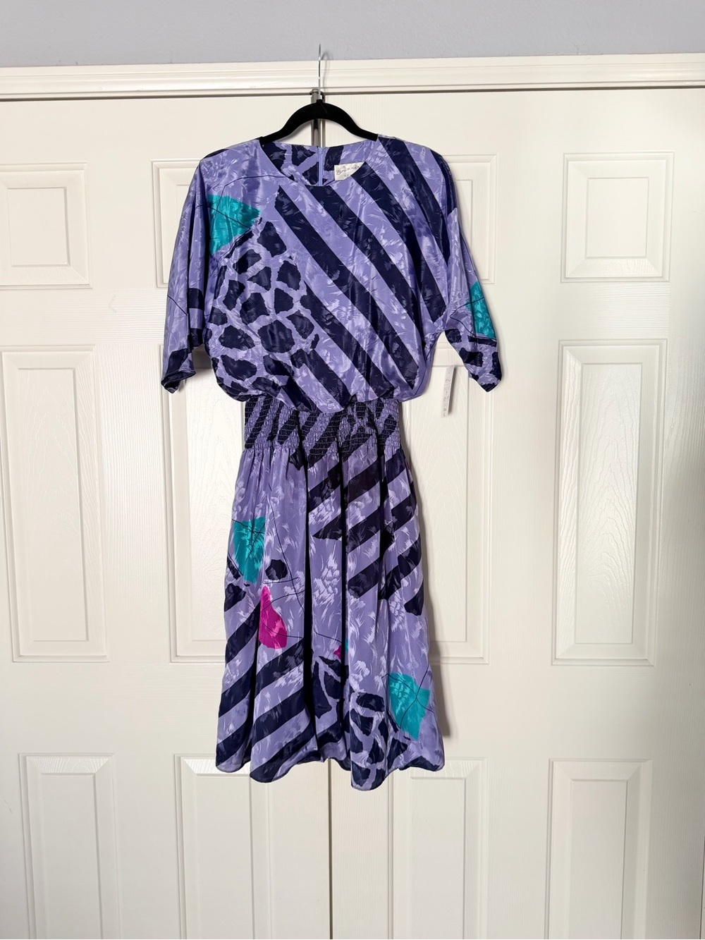 Vintage 80s Lavender Abstract Print Midi Dress with Teal & Pink Accents